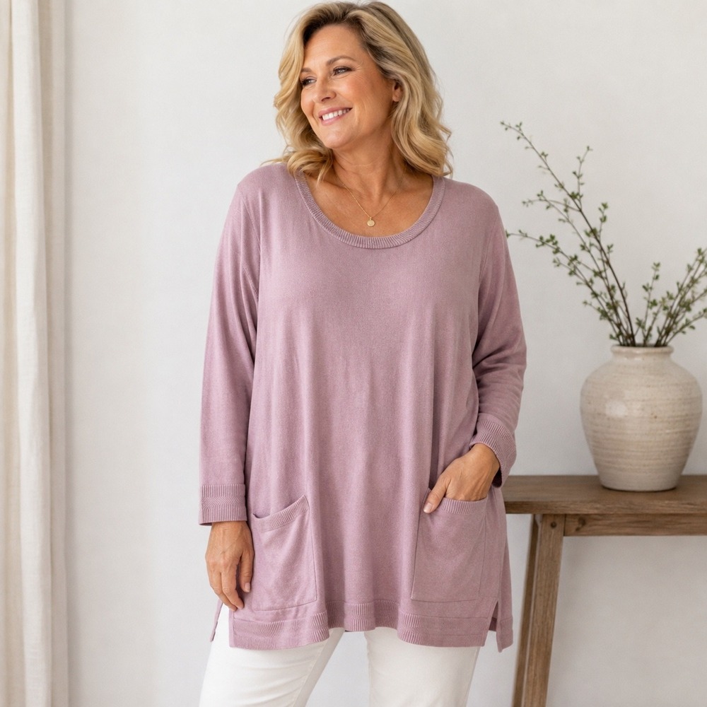 Jeanne Pierre Woman 1X Dusty Mauve Cotton Knit Tunic Sweater Dress Pockets